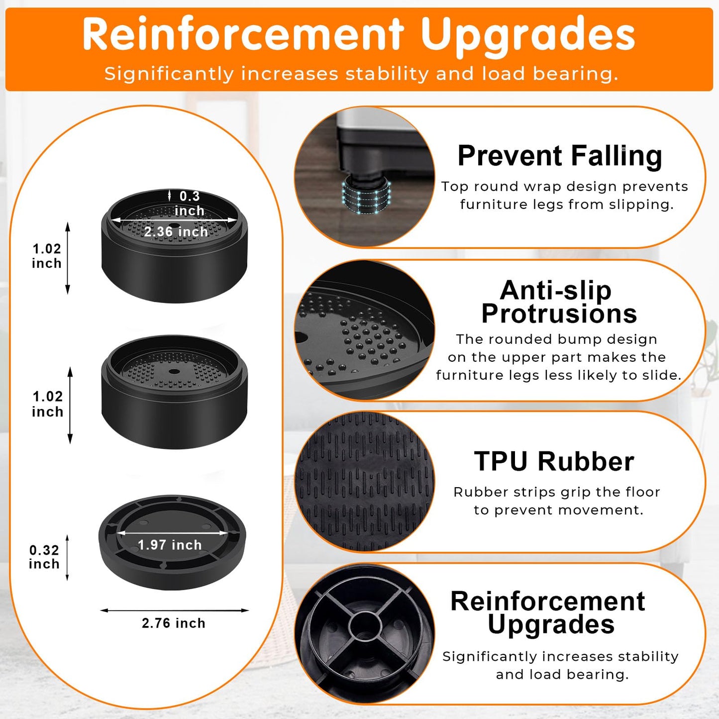 Furniture Risers Bed Risers Heavy Duty 1 inch, 2 inch, 3 inch, 4 inch Round Adjustable Bed Lifts Riser for Desk Legs Table Couch Sofa Chair Refrigerator Washing Machine (1 Inch, Black, 4 Pack )