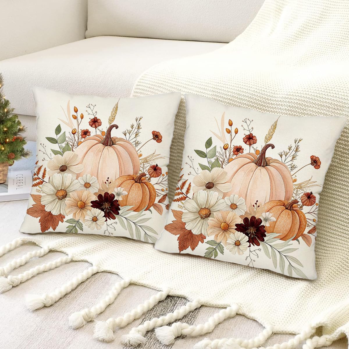 AMZDOTD Fall Pumpkin Pillow Covers 18x18 Inch Set of 2 Autumn Flower Pumpkins Throw Pillow Cover Indoor Outdoor Decorative Pillow Case Thanksgiving Harvest Cushion Case Sofa Couch Fall Decorations