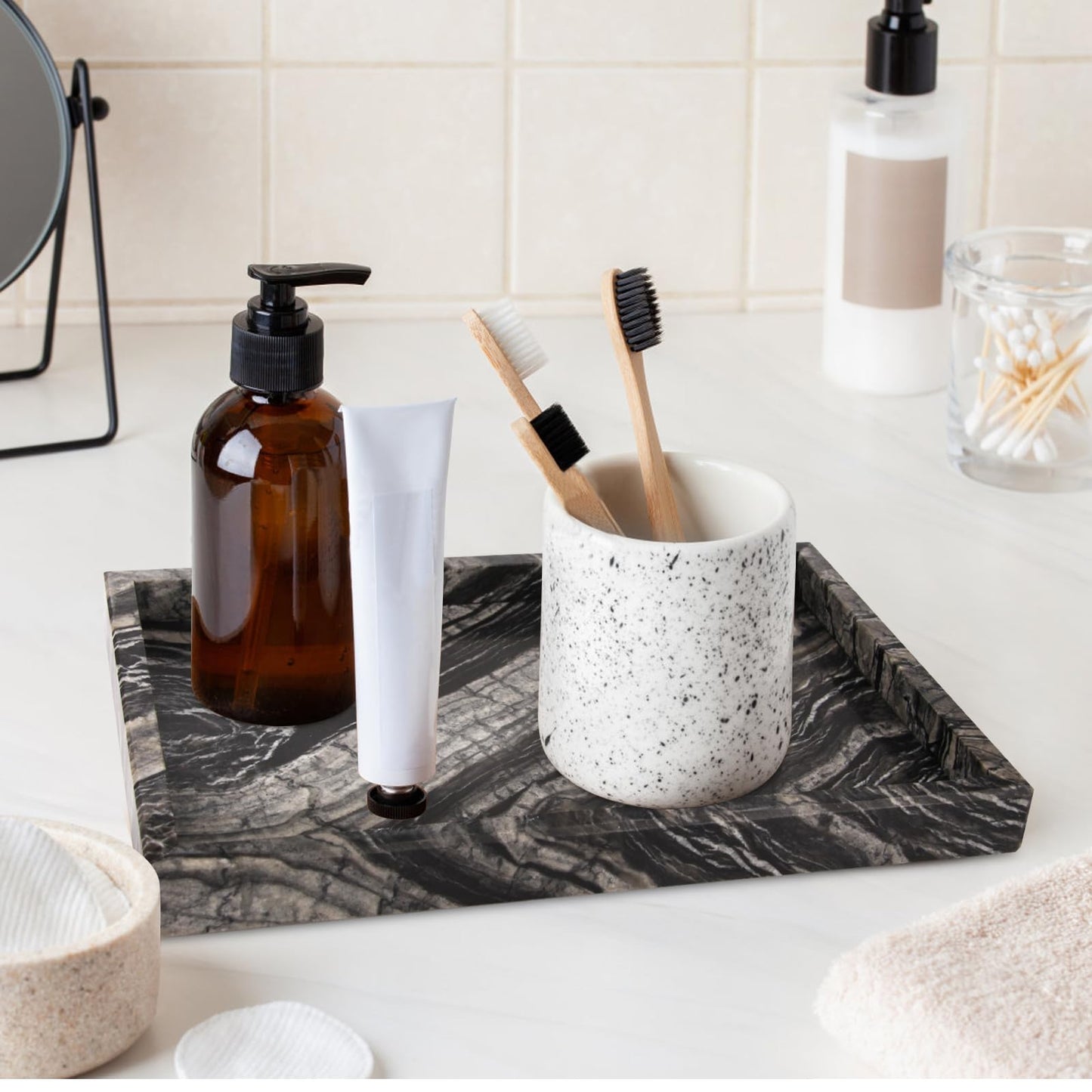 Marble Bathroom Vanity Tray, Natural Luxury Vanity Home Kitchen Bathroom Table Tray, Stone Decorative Countertop Dresser Trays for Key Coffee Perfume Jewelry Makeup (Wood Grain, 12"x 8" x1.2")