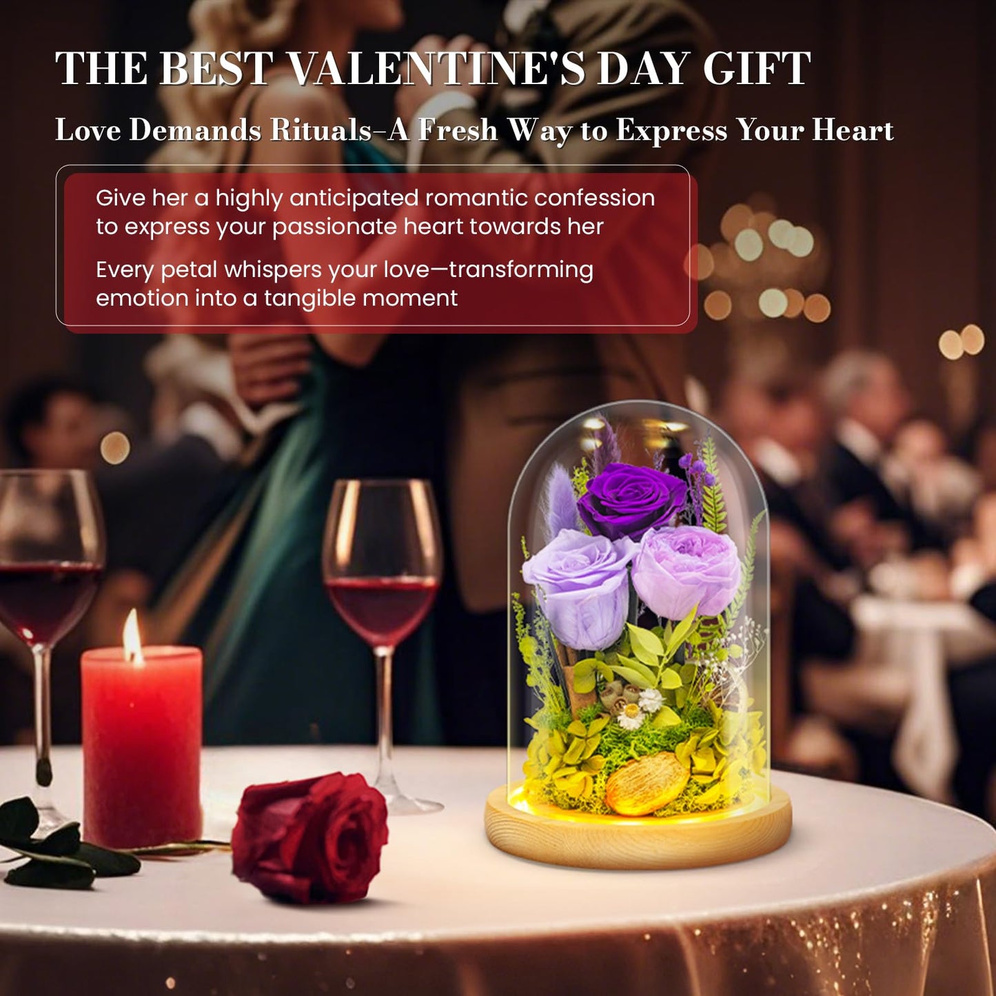 Preserved Flowers Gifts for Women Eternal Rose In Glass Dome Light Up Flower Real Rose Eternal Flowers for Decoration Long Lasting Forever Preserved Glitter Roses Unique Gift on All Occasions(Purple)