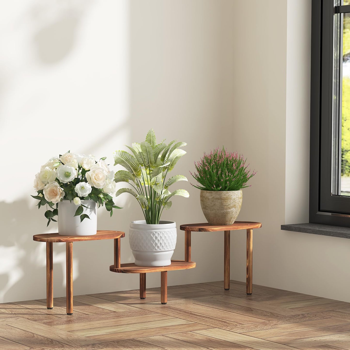 Jotboom Concave Plant Shelf Indoor,3 Tiers Deformable Oval Plant Stand,Long Flower Pot Stand for Multiple Plants,Low Plant Holder for Patio Balcony Living Room Office