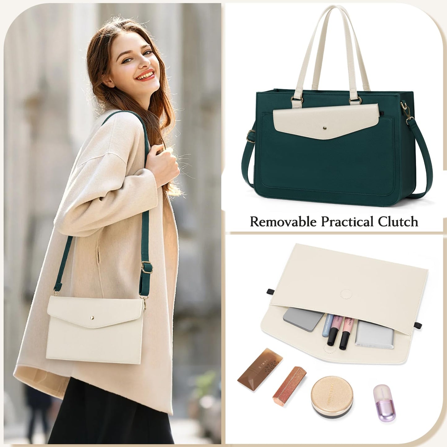 RAINSMORE Laptop Bag for Women 15.6 Inch Work Tote Bags Leather Laptop Tote Waterproof Computer Bag Professional Office Briefcase Large Handbag for College Teacher Travel, Beige and Green