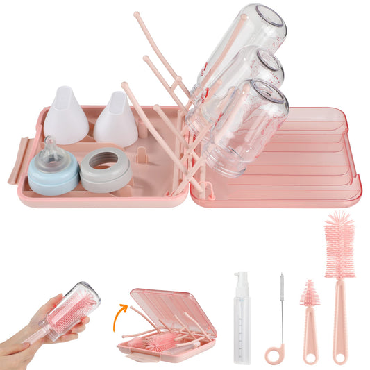 Bottle Brush Set -Baby Travel Essential-6 in 1 Bottle Cleaner Kit with Silicone Bottle Brush,Nipple Cleaner Brush,Straw Brush,Soap Dispenser,Storage Box,Bottle Drying Rack for Home and Travel(Green)