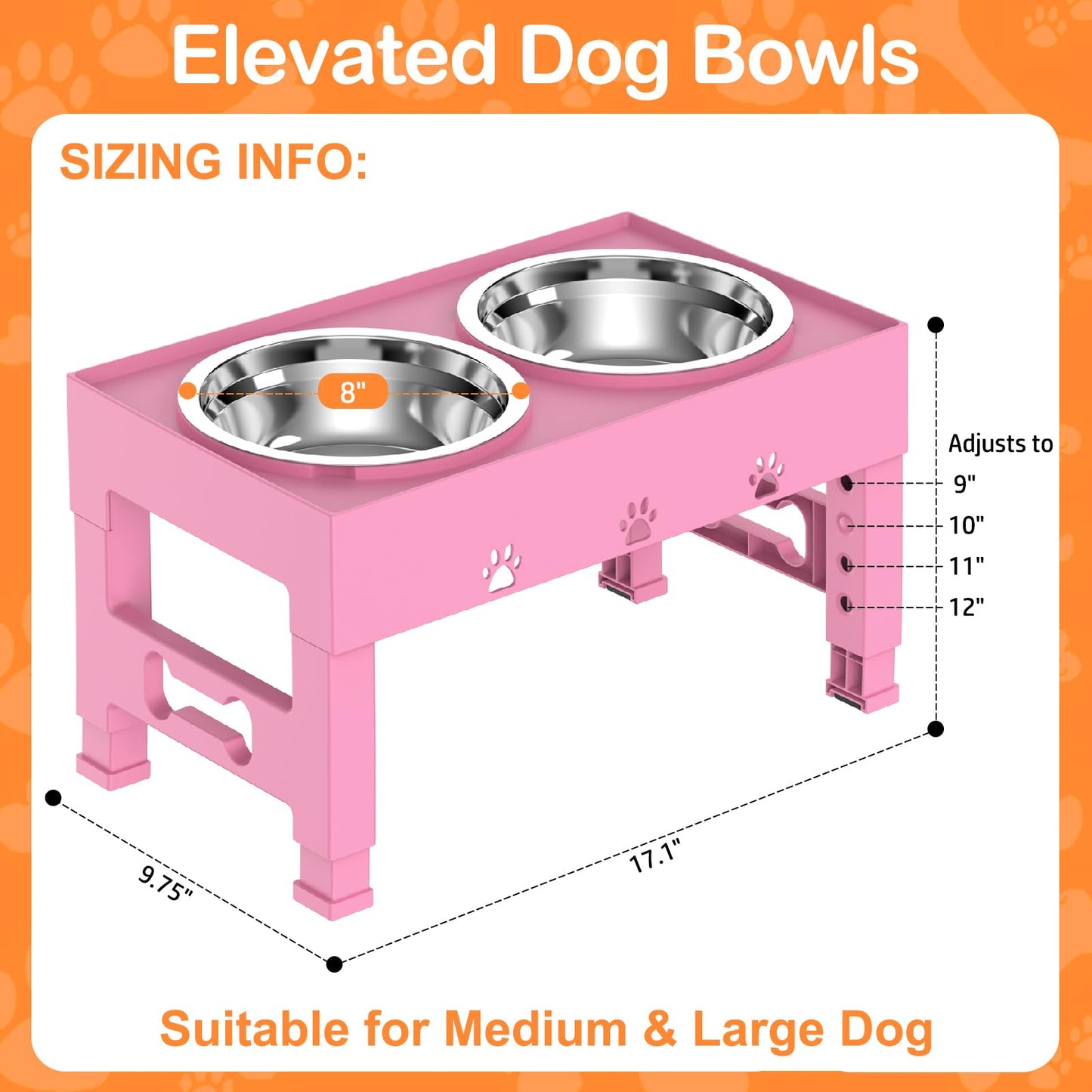 LAKIPETN Elevated Dog Bowls with 2 Stainless Steel Bowls, Raised Dog Food Bowl Stand 5 Height Adjustable (3.1", 9", 10", 11", 12") Non-Slip Feeder Set for Medium and Large Dogs - Pink