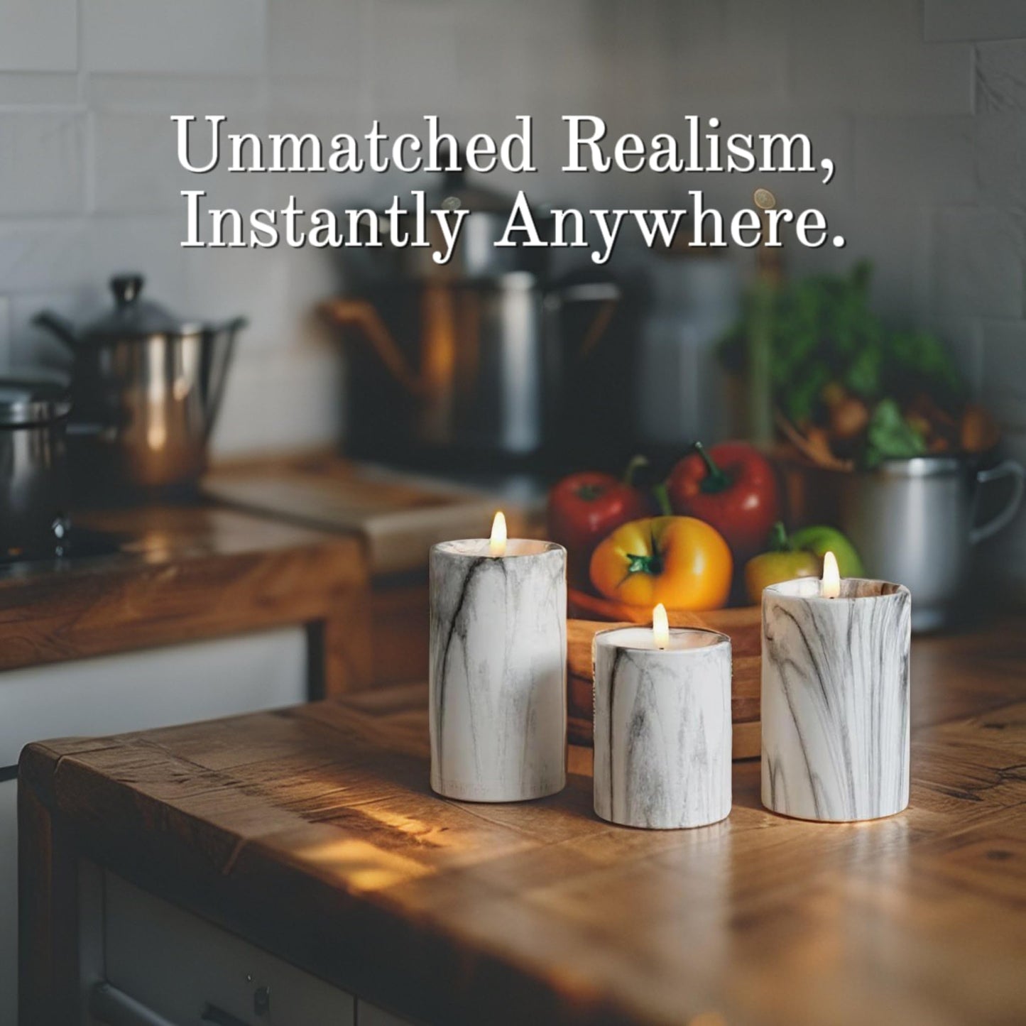 VENTA Flickering Flameless Candles with Remote Control - Led Candles Battery Operated - Battery Operated Candle for Decoration Table, Timer & Dimmer Features, Set - 3Pcs (4",5",6") (Marble)