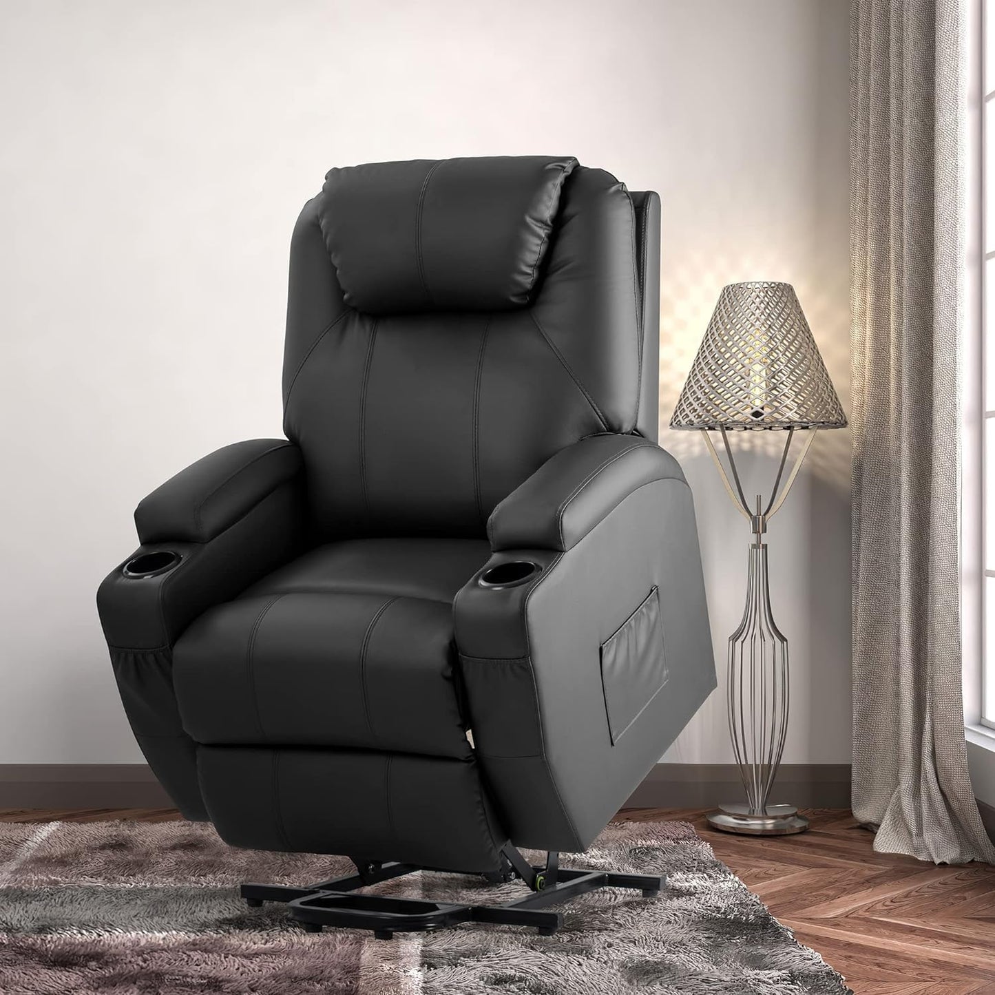 JUMMICO Power Lift Recliner Chair with Massage for Elderly PU Leather Modern Reclining Sofa Chair with Cup Holders, Remote Control, Adjustable Furniture (Black)