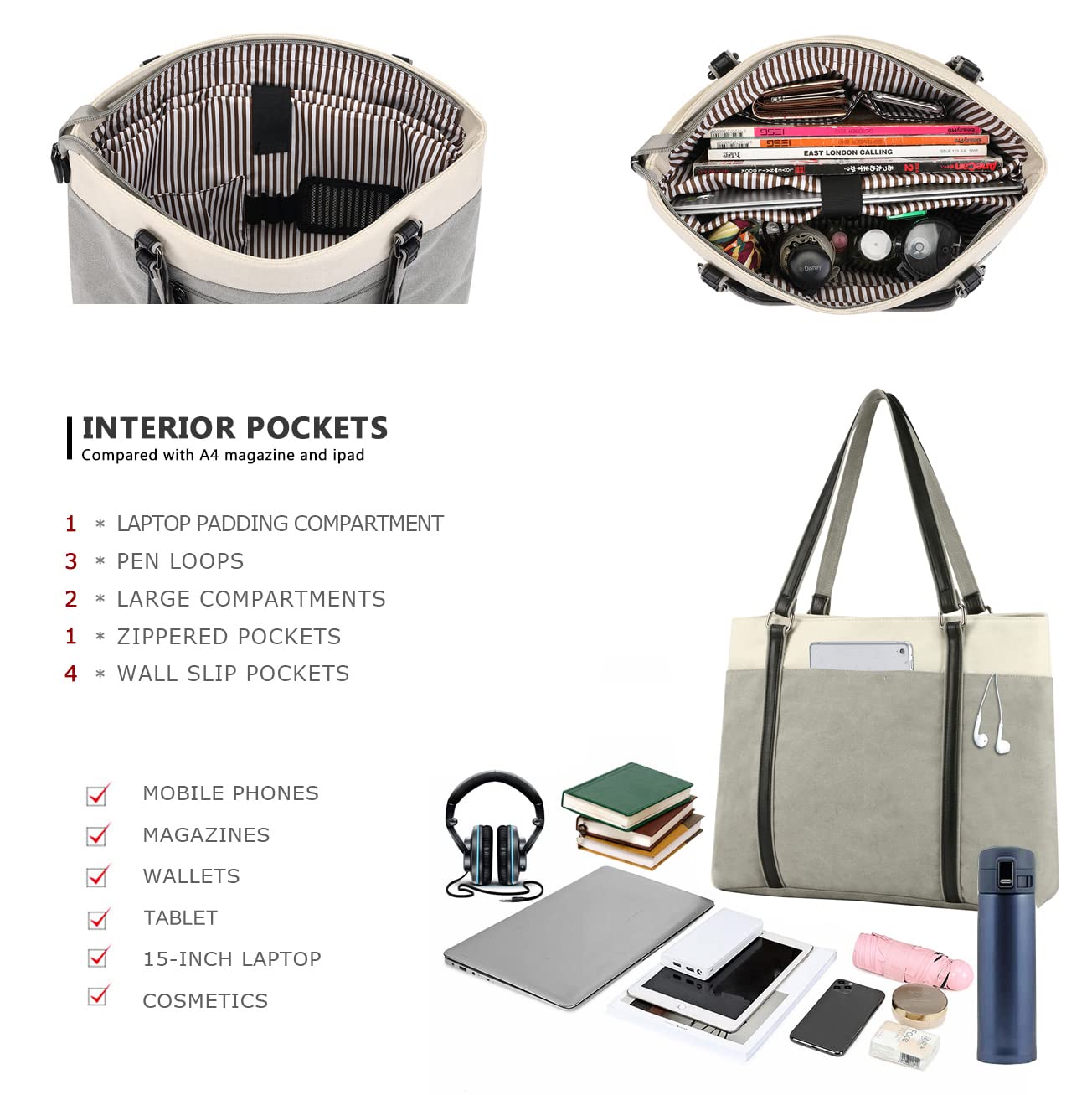 Women's Work Bag with Laptop Compartment Zipper Pockets Teacher Totes Purse