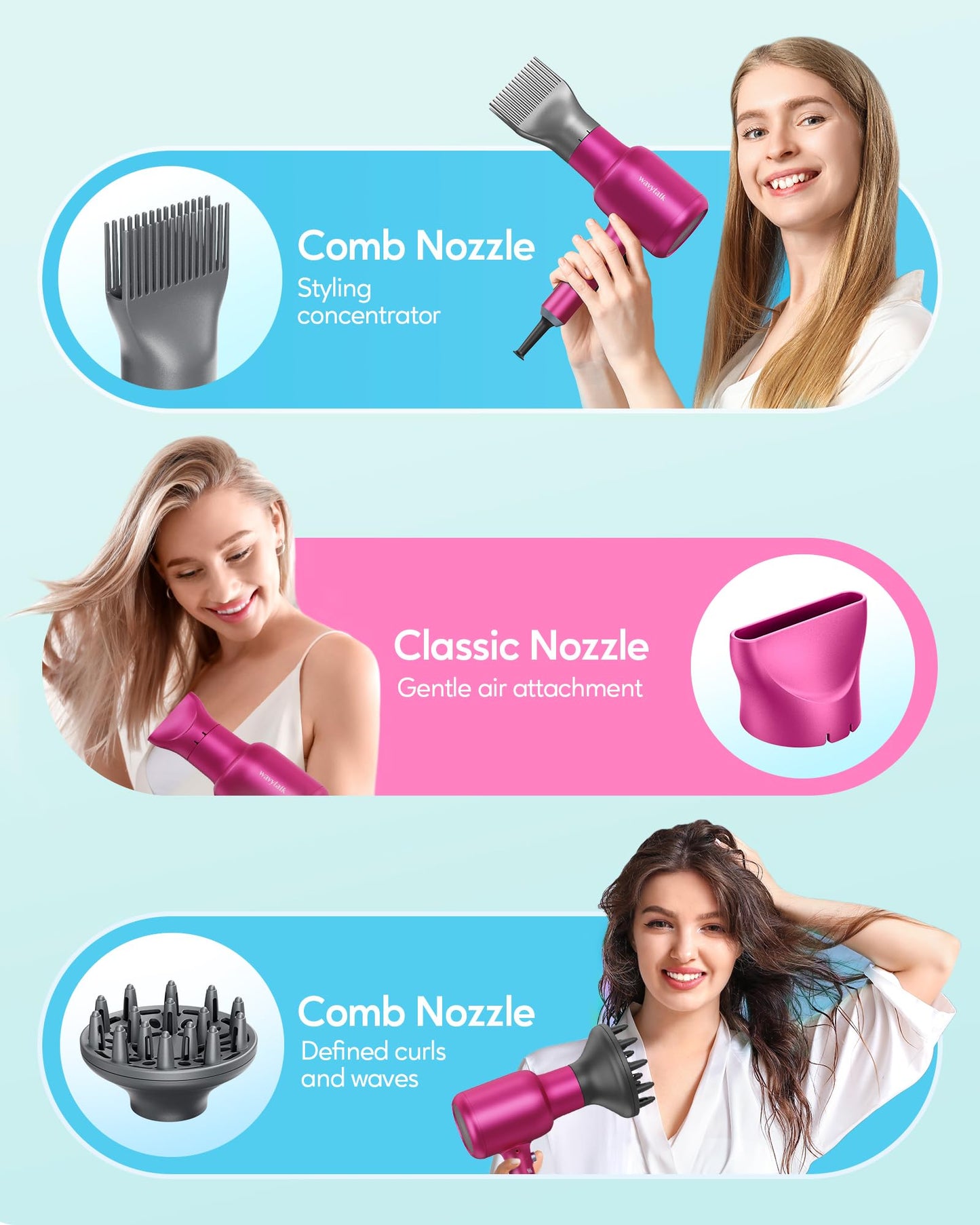 Wavytalk Hair Dryer with Diffuser, Blown Away Ionic Hair Dryer for Curly Hair, 1875W Fast Drying Blow Dryer with Ceramic Technology, 3 Attachments for All Hair Types, Light and Quiet, Hot Pink