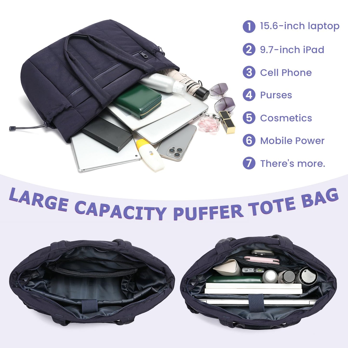 Tote Bag for Women, Lightweight Puffer Tote Bag with Compartments, Quilted Shoulder Bag Handbag with Zipper for Work Blue (2 Pack)