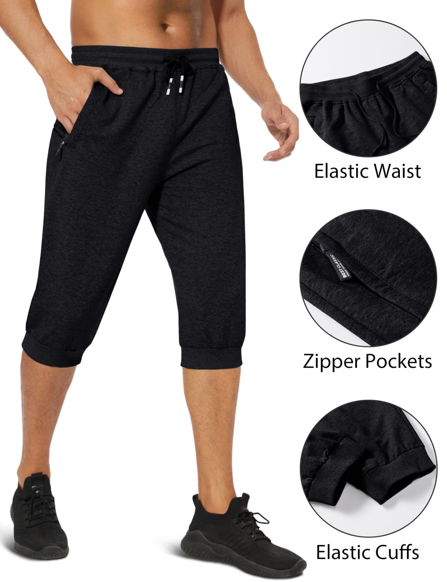 EKLENTSON Men's 3/4 Jogger Pants Gym Shorts Zipper Pocket Sport Fitness Sweatpants Running Shorts for Men Black 38