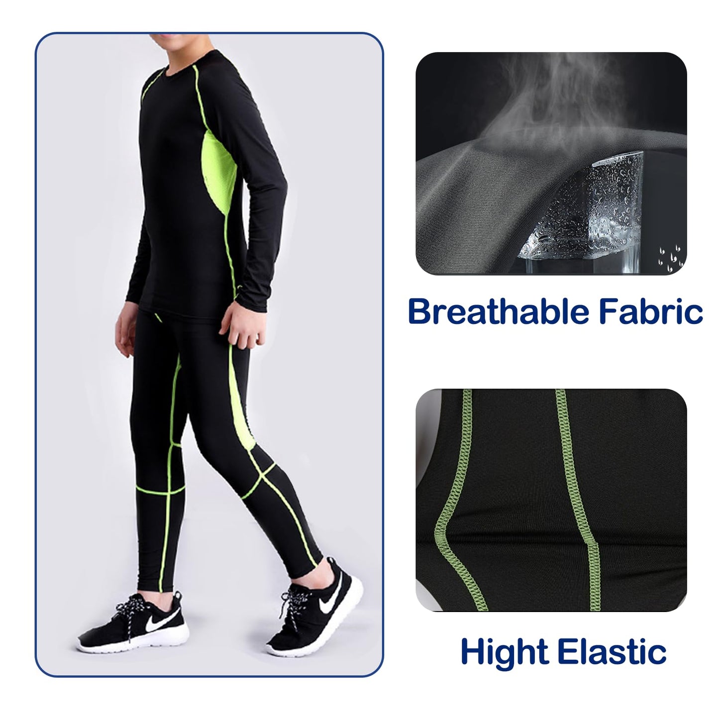 SS COLOR FISH Boys Compression Shirt Long Sleeve and Pants Set Youth Undershirts Athletic Tights Baselayer for Kids Baseball Green