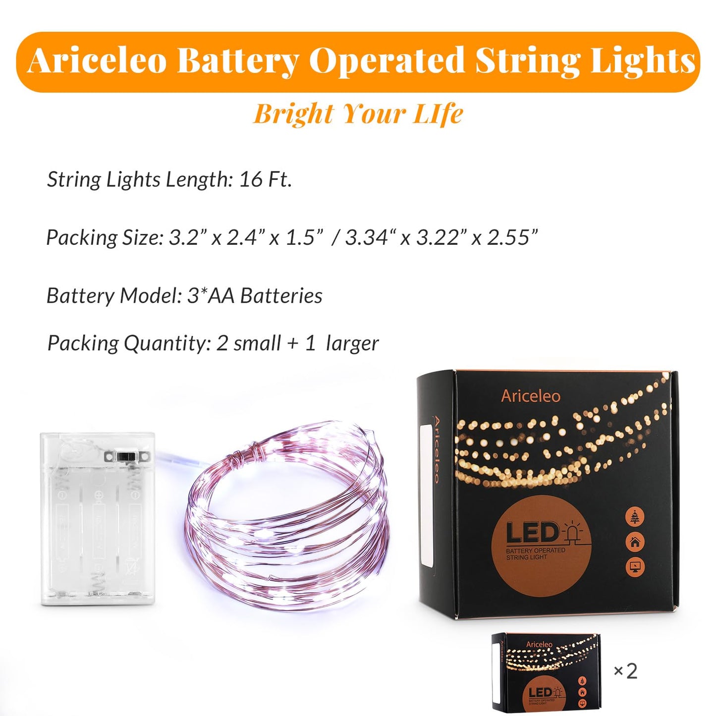 Ariceleo Led Fairy Lights Battery Operated, 2 Packs Mini Battery Powered Copper Wire Starry Fairy Lights for Bedroom, Christmas, Parties, Wedding, Centerpiece, Decoration (5m/16ft Cool White)