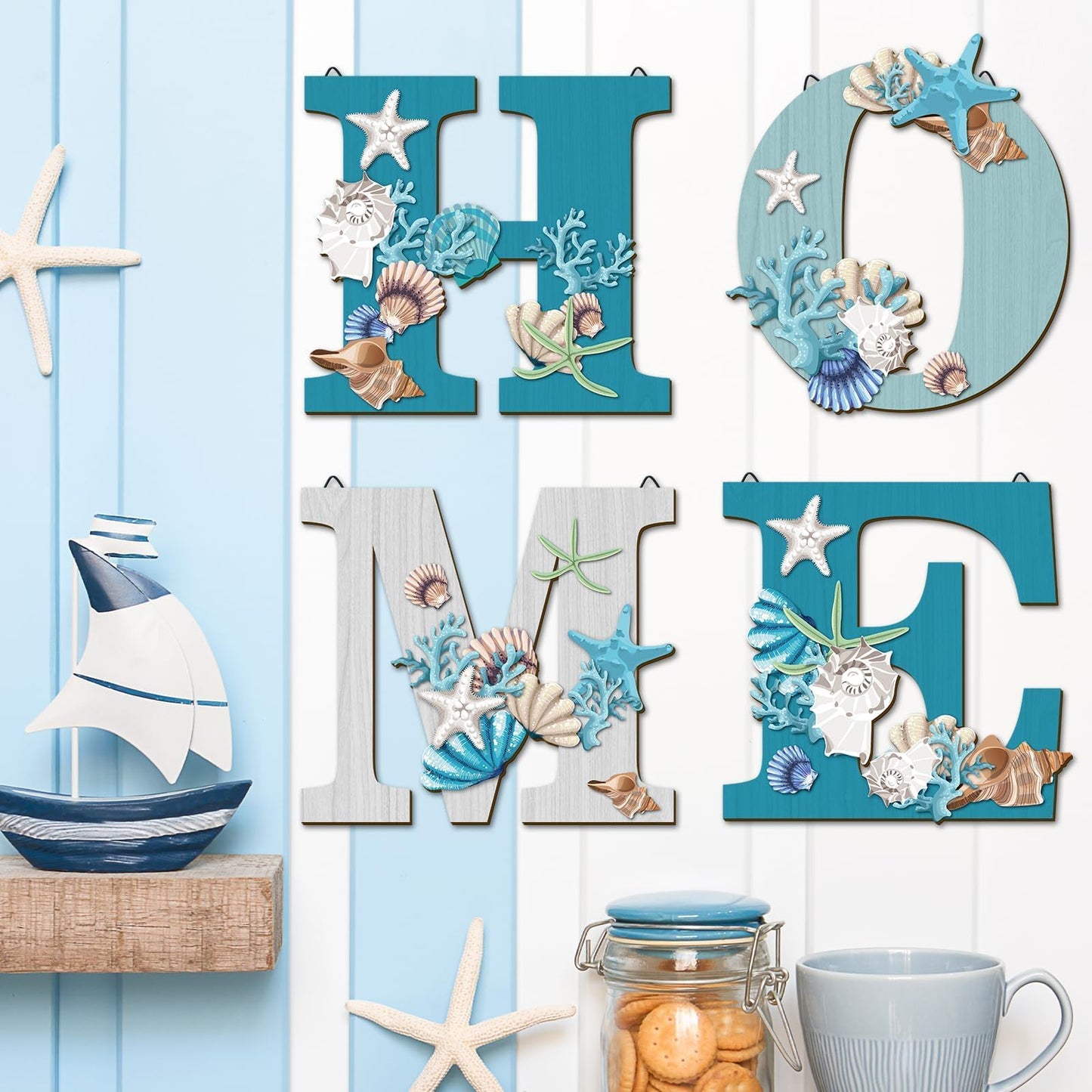 4 Pcs Wood Home Sign Coastal Beach Wall Decor Beach Style Signs Blue Starfish and Shell Wall Decor Beach Theme Sign for Home Letters Hanging Wall Decor Art Signs for Living Room Kitchen Bedroom Decor