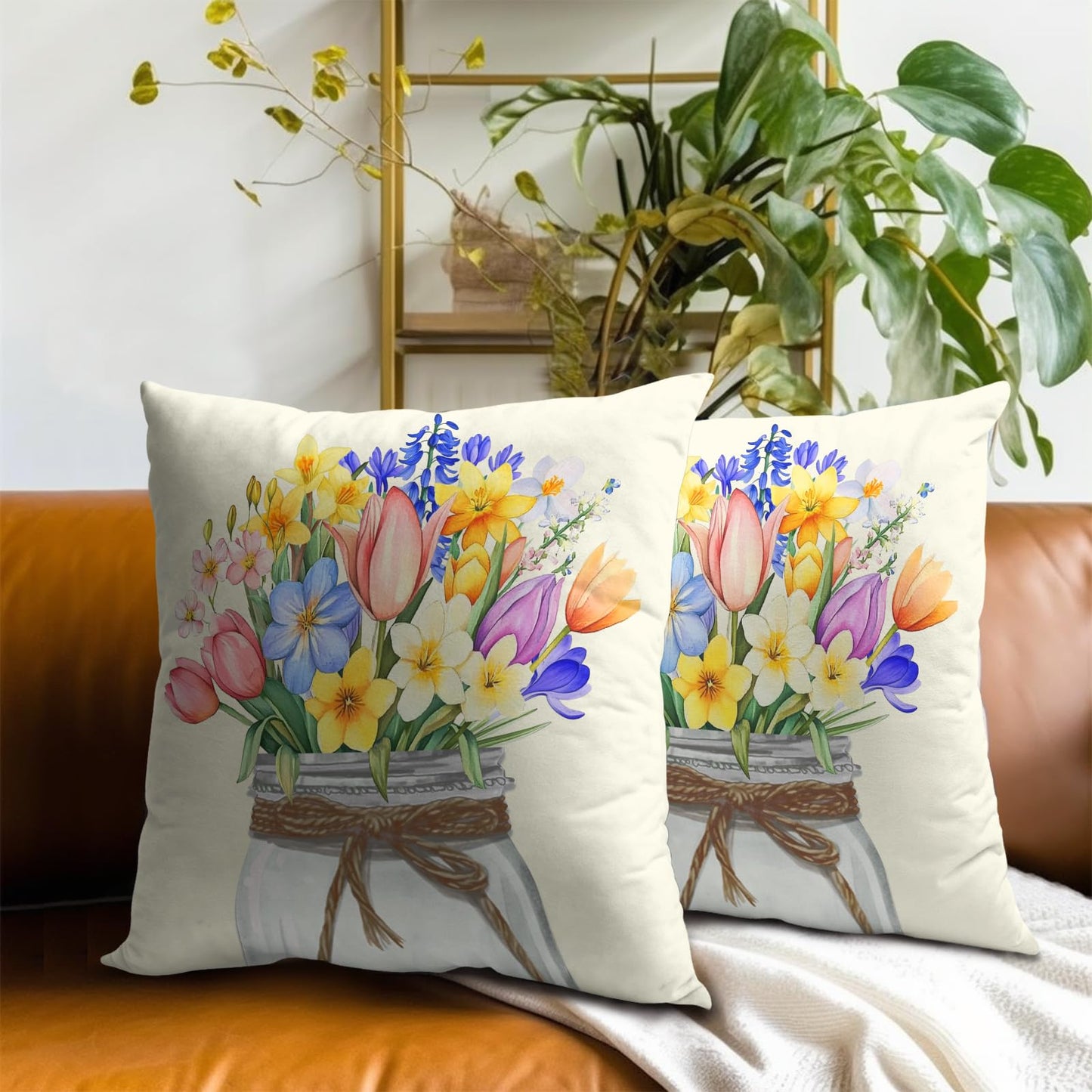 Easter Flowers Throw Pillow Covers 18x18 Set of 2, Spring Tulip Lavender Floral Mason Jar Square Pillowcases Cotton Cushion Cover Decoration for Couch Sofa Living Room Bedroom Home