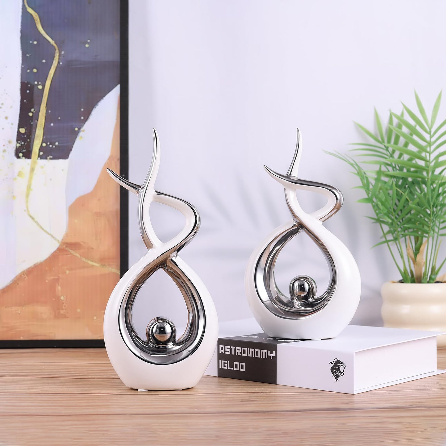 PlivBloom Silver White Abstract Ceramic Modern Sculpture, Knick Knacks Statues for Living Room, Shelf, TV Stand, Coffee Table, Dining Room, Office, Bedroom, Home Decor, Centerpiece, Great Gift Idea