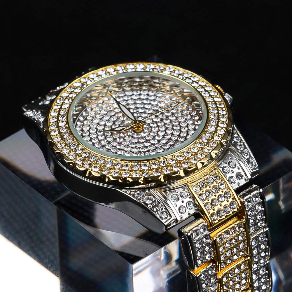 Smalody Round Luxury Women Watch Crystal Rhinestone Diamond Watches Stainless Steel Wristwatch Iced Out Watch with Japan Quartz Movement for Women | Simulated Lab Diamonds (Mix Gold)
