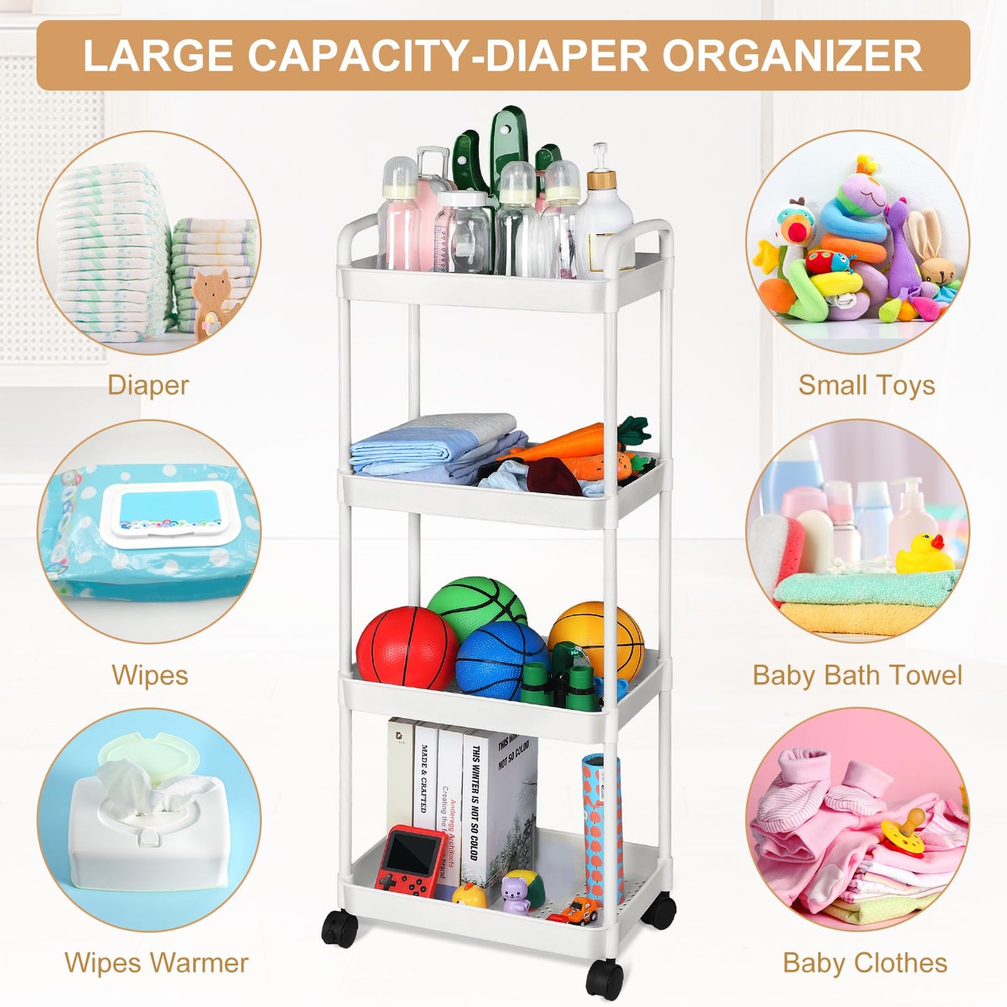 Barydat Baby Diaper Caddy Organizer, Rolling Plastic Movable Diaper Cart Essentials Baby Diapers Storage Organizer Newborn Nursery Essentials for Changing Tables, Crib, Wipes