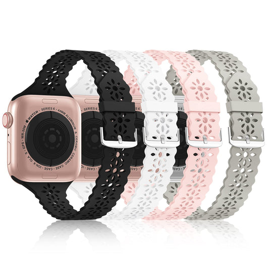 Bandiction 4 Pack Lace Silicone Bands Compatible with Apple Watch Band 38mm 40mm 41mm 42mm 44mm 45mm 46mm 49mm, Women Slim Thin Hollow-out Wristband for iWatch Series 10 9 Ultra 8 SE 7 6 5 4 3 2 1