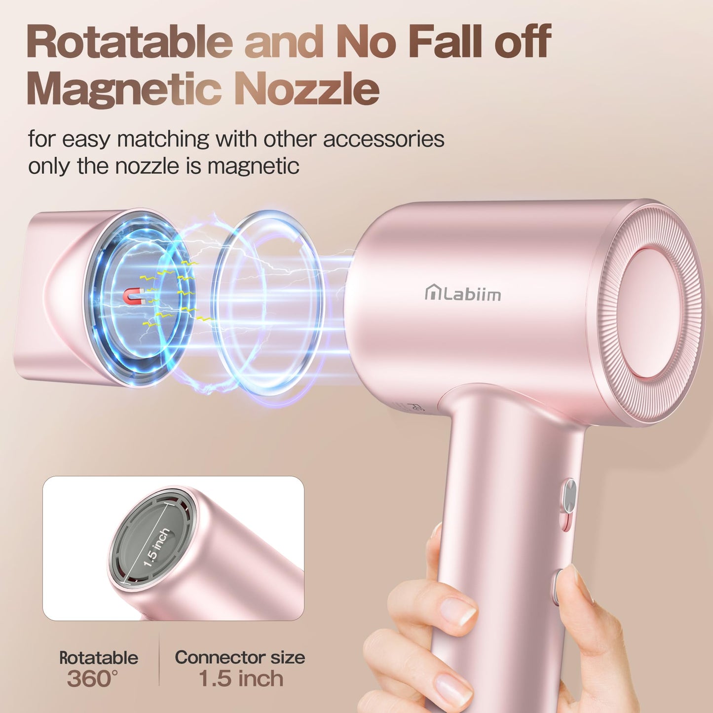 Labiim Hair Dryer, High-Speed Ionic Low Noise Blow Dryer with Brushless Motor for Fast Drying, Thermo-Control Quiet Compact Hair Blow Dryer, Hairdryer with 1 Nozzle Attachments for Home Salon Travel
