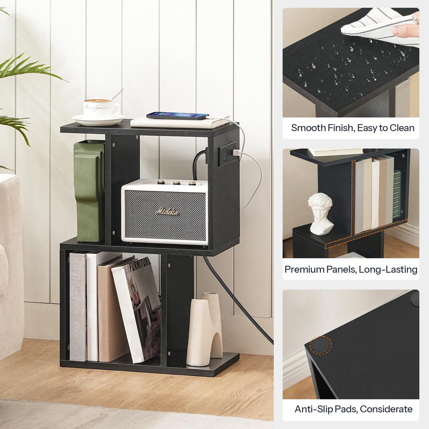 HOOBRO Narrow Side Table with Charging Station, S-Shaped Slim End Table Geometric Bookshelf with Open Storage, for Small Space, Living Room, Bedroom, Rustic Brown FG137UBZ01