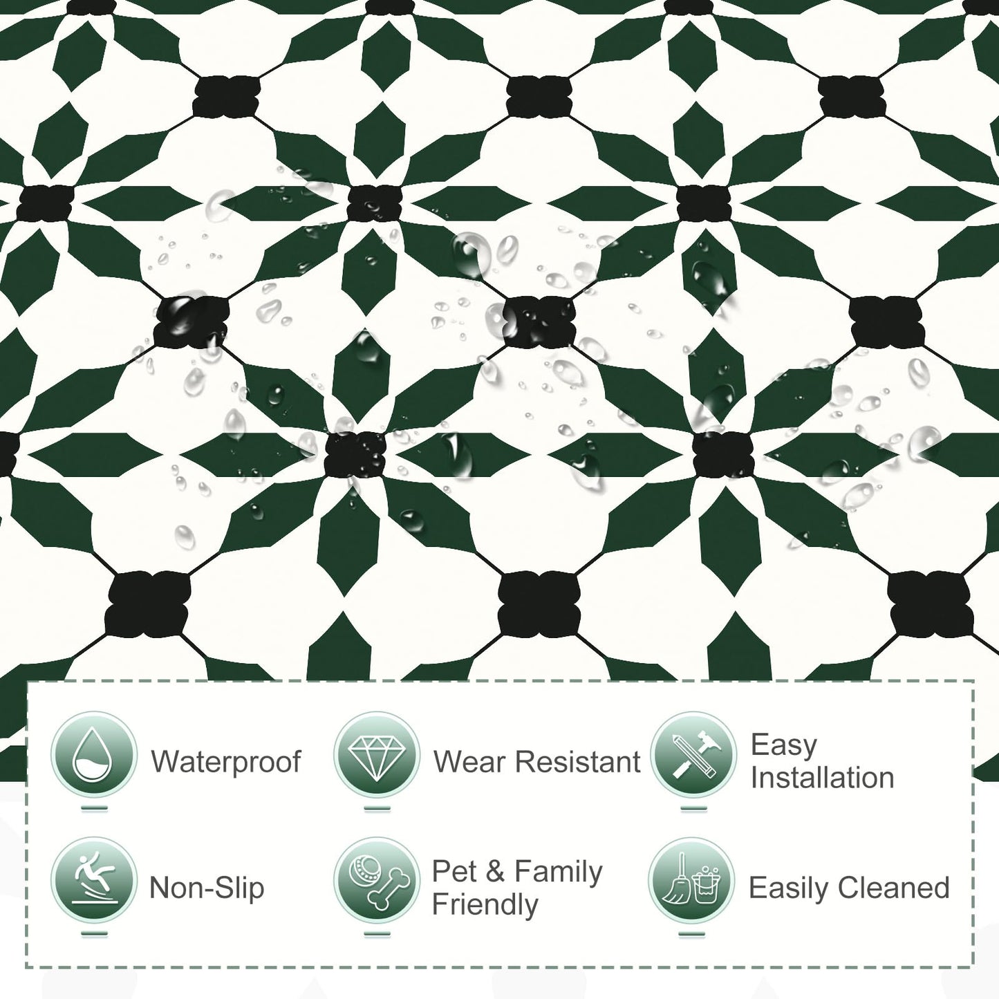 MORCART 7.87" x 7.87" Peel and Stick Floor Tile, 20 PCS Self-Adhesive DIY Vinyl Flooring for Renters, Removable and Waterproof Tile Sticker for Bathroom, Kitchen, Staircase (Black Green)