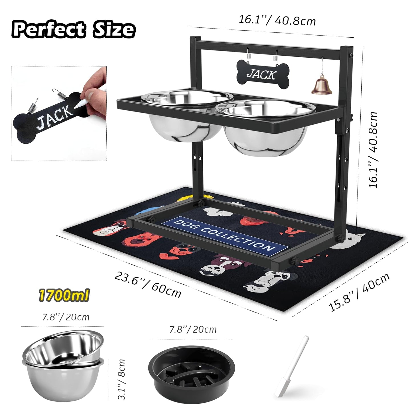 SHAINFUN Elevated Dog Feeder - Raised Bowls Stand with Spill Proof Mat, Adjustable Height, Slow Feeder, Stainless Steel, for Large & Medium Dogs