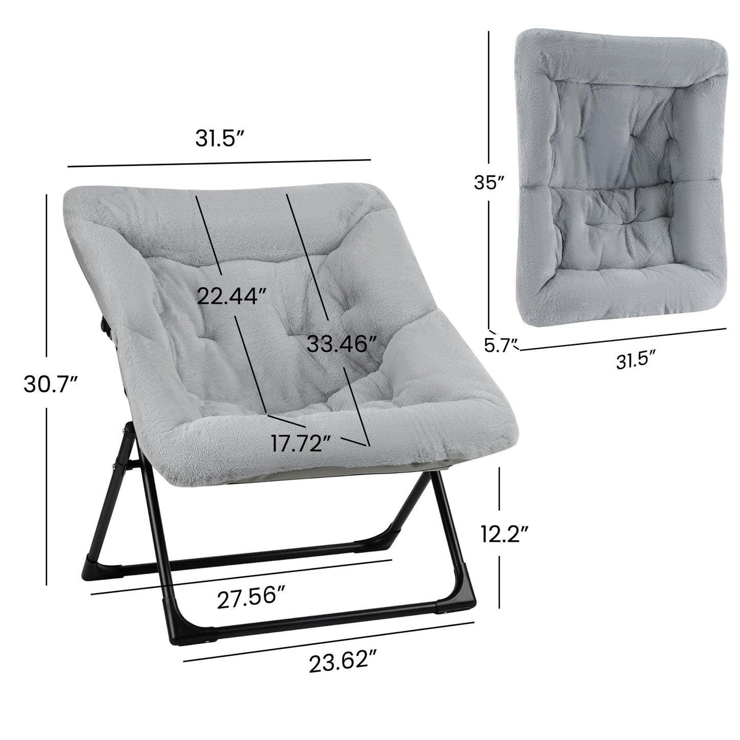 Mordchil HF Folding Saucer Chair, Comfy Faux-Fur Reading Chair, Foldable Accent Chair for Teens, Adults, Oversized Lazy Chair, Large Lounge Chair for Living Room, Bedroom, Dorm, Grey