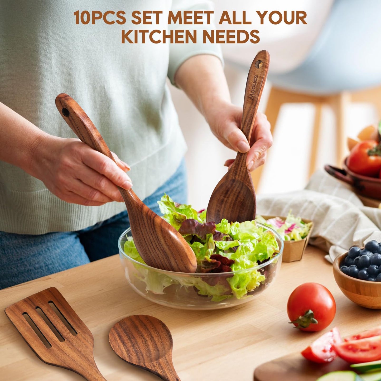Wooden Spoons for Cooking, 10PCS Teak Wood Cookware Utensil Set with Hooks - Smooth Finish, Non-Stick, Comfortable Grip, Heat Resistant Kitchen Utensils