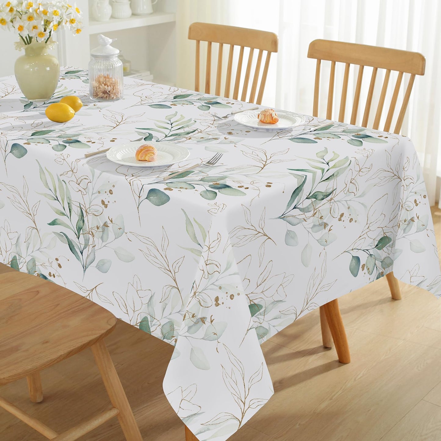 Honellaty Summer Tablecloth 52" x 70" Rectangle, Eucalyptus Leaves Table Cloths Spill-Proof Stain Resistant Wrinkle Free Table Cover for Dining, Party, Picnic