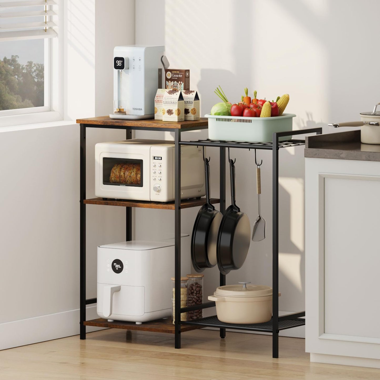 INHABIT UNION Kitchen Stand with Pots Rack Microwave Oven Stand with Storage, Small Bakers Rack Stand with 3 Hooks, Coffee Bar Table with Storage for Spices,Pots,Utensils,Pans,Foods,Rustic Brown