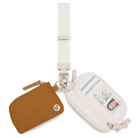 Sunpour Nylon Wristlet Wallet with Keychain for Women,Dual Pouch Small Wallet with Coin Purse & ID Window,Stylish Gift for Travel & Everyday Use (Beige＆Brown)