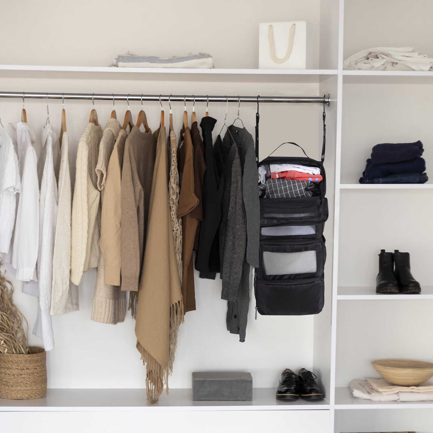 Olosar Suitcase Organizer, Travel Luggage Organizer Portable Hanging Travel Shelves Collapsible Hanging Packing Cubes for Carry on Suitcase, Black