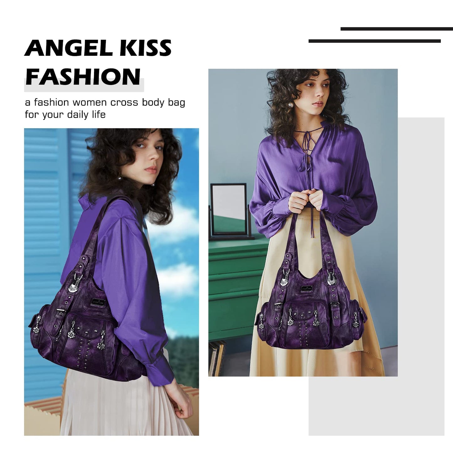 Angel Kiss Women's Soft PU Leather Large Hobo Handbag for Ladies Purse, Purple
