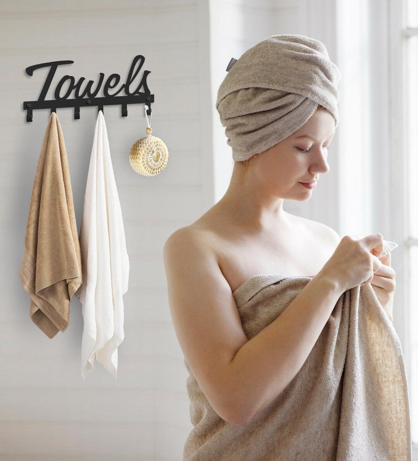 Livelab Towel Rack, Towel Racks for Bathroom Wall Mounted, 6 Hooks Black Metal Towel Holder for Bathroom Space Saving, Waterproof Rustproof Easy Install Bathroom Decor Towel Hanger Organizer