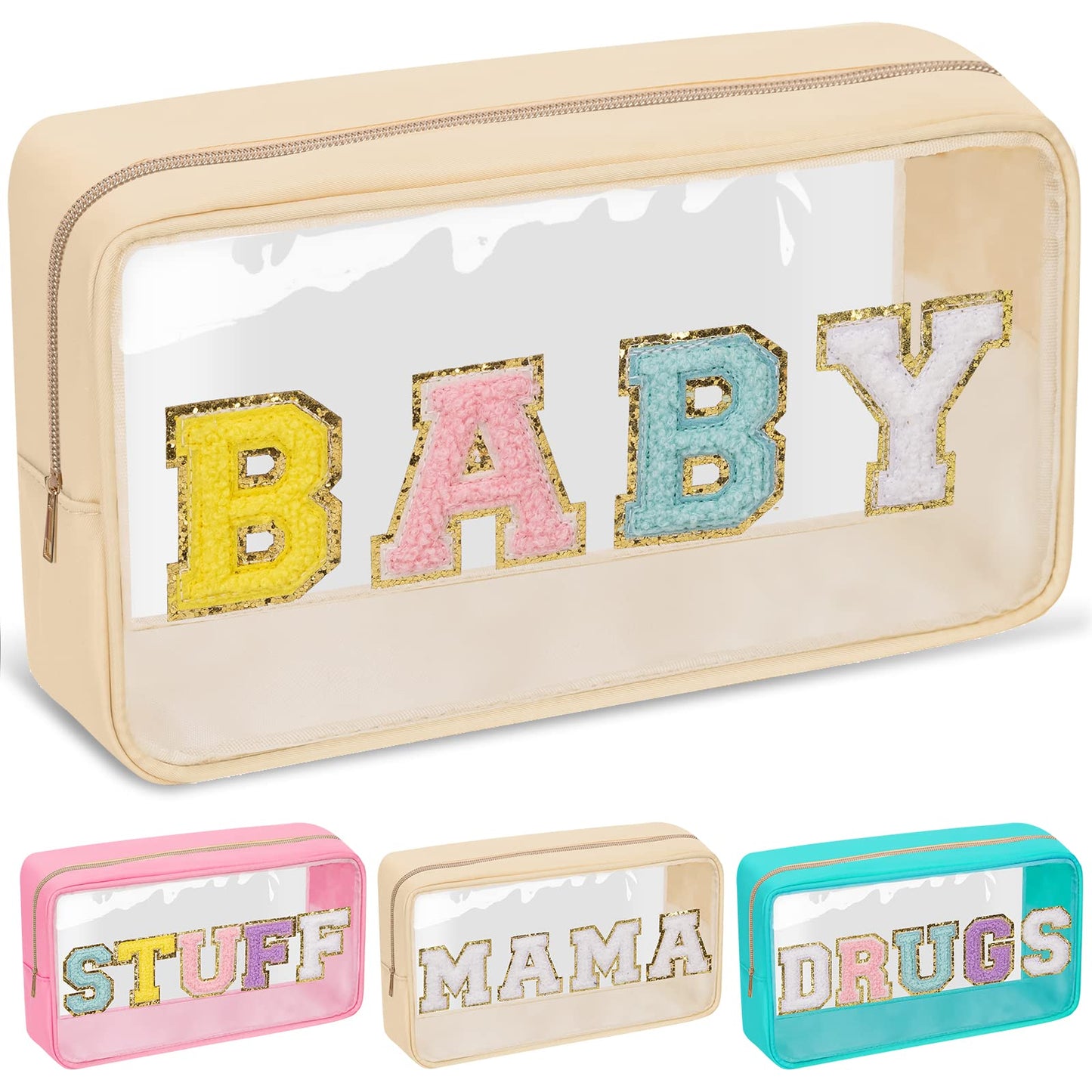 Chenille Letter Clear Makeup Bag with Zipper and Waterproof Nylon