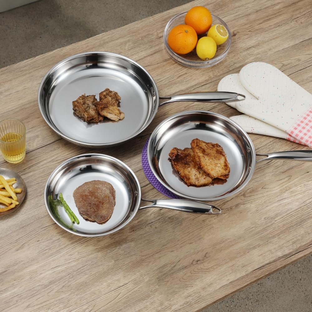 SanheKit 3pcs Stainless Steel frying pan set of 3, Tri-Ply Professional stainless steel, pans set, 8-10-12 Inch, Mirror Polished, Induction,Chef's Pans,Skillets,Dishwasher and Oven Safe.