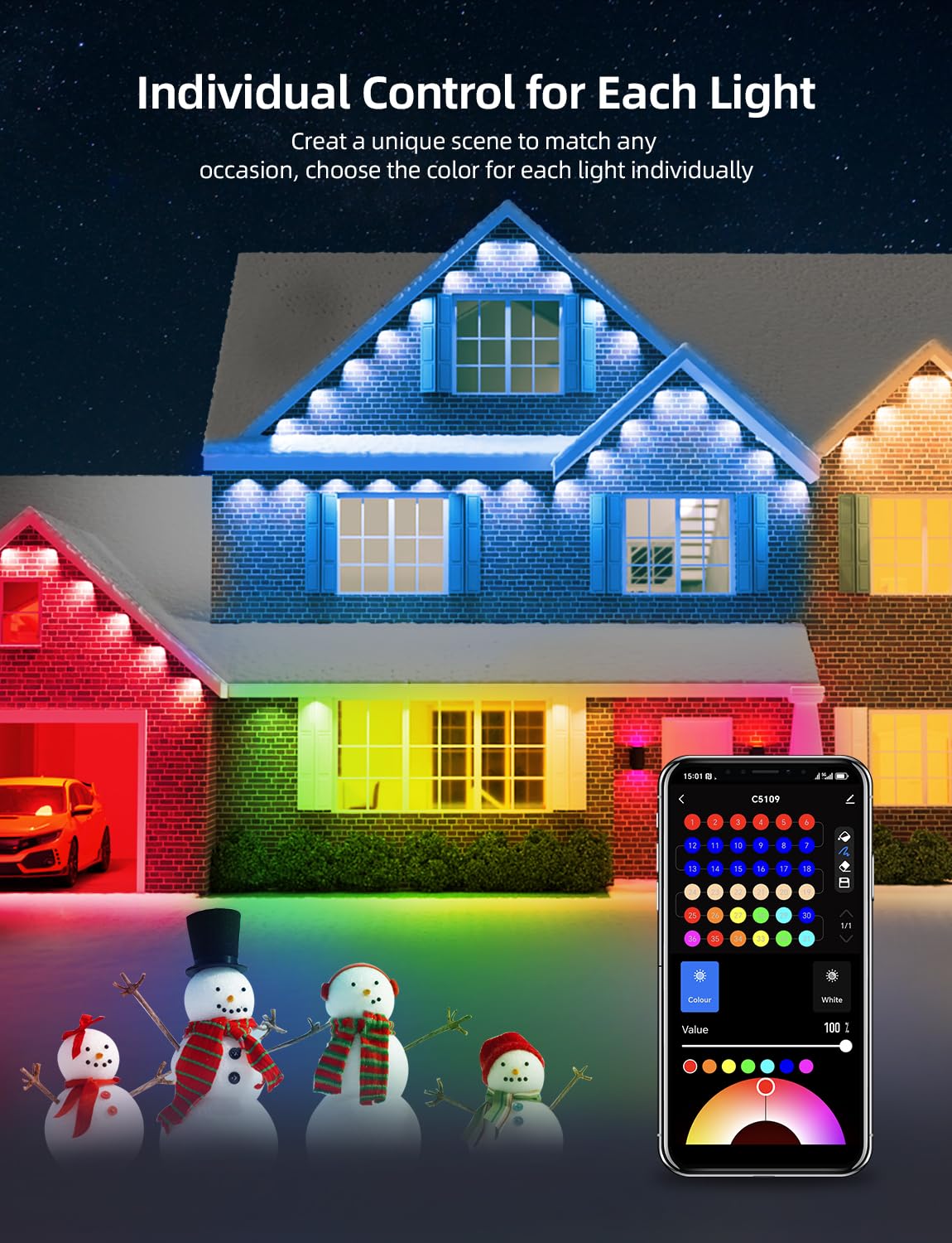 APPECK Permanent Outdoor Lights 100ft with 72 LEDs, DIY Scene Modes, Smart RGBW String Lights Waterproof, App & Remote Control for Christmas, Holidays, Compatible with Alexa, Google, Black