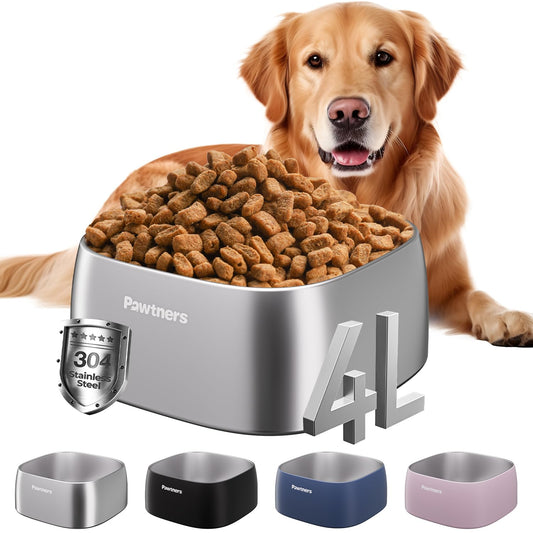 Pawtners 4L Large Stainless Steel Dog Bowls, Dog Water and Food Bowl for Large Breed Dogs with Non-Slip Base, Metal Pet Bowls Easy to Clean, Indoor Outdoor Use, 135oz, Silver