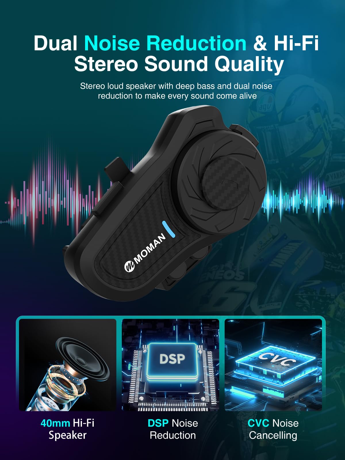 Moman Motorcycle Intercom, H2 Pro【2 Pack Carbon】 Helmet Headset Wireless Communication System to 1000M with DSP&CVC Noise Cancellation IP65 Waterproof FM, Motorcycle-Intercom-Headset-Helmet-Motobike