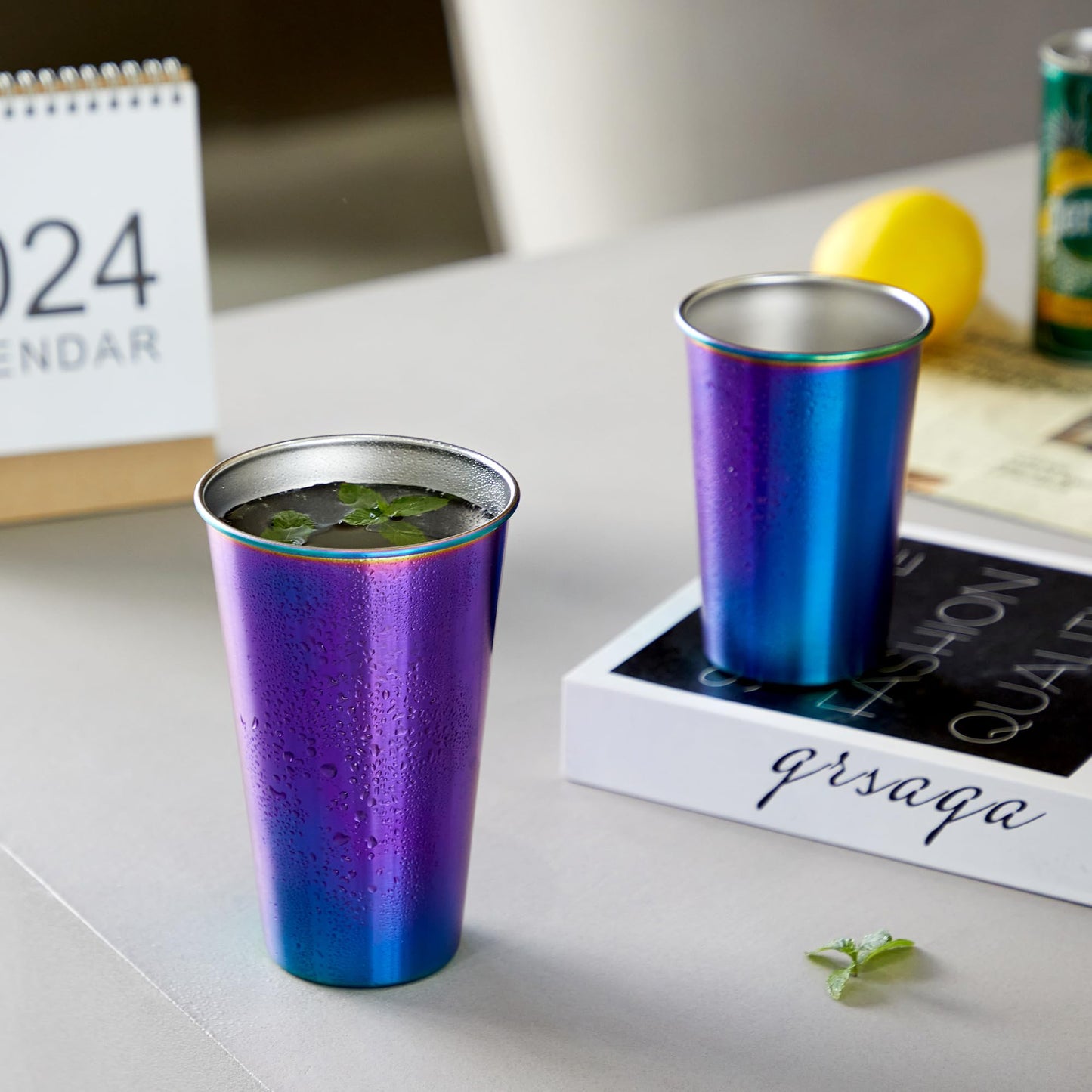 MEWAY 16 Pack 24oz Stainless Steel Pint Cup,Healthy Unbreakable and Stackable,Metal Drinking Glasses，Beer Glasses（Rainbow）