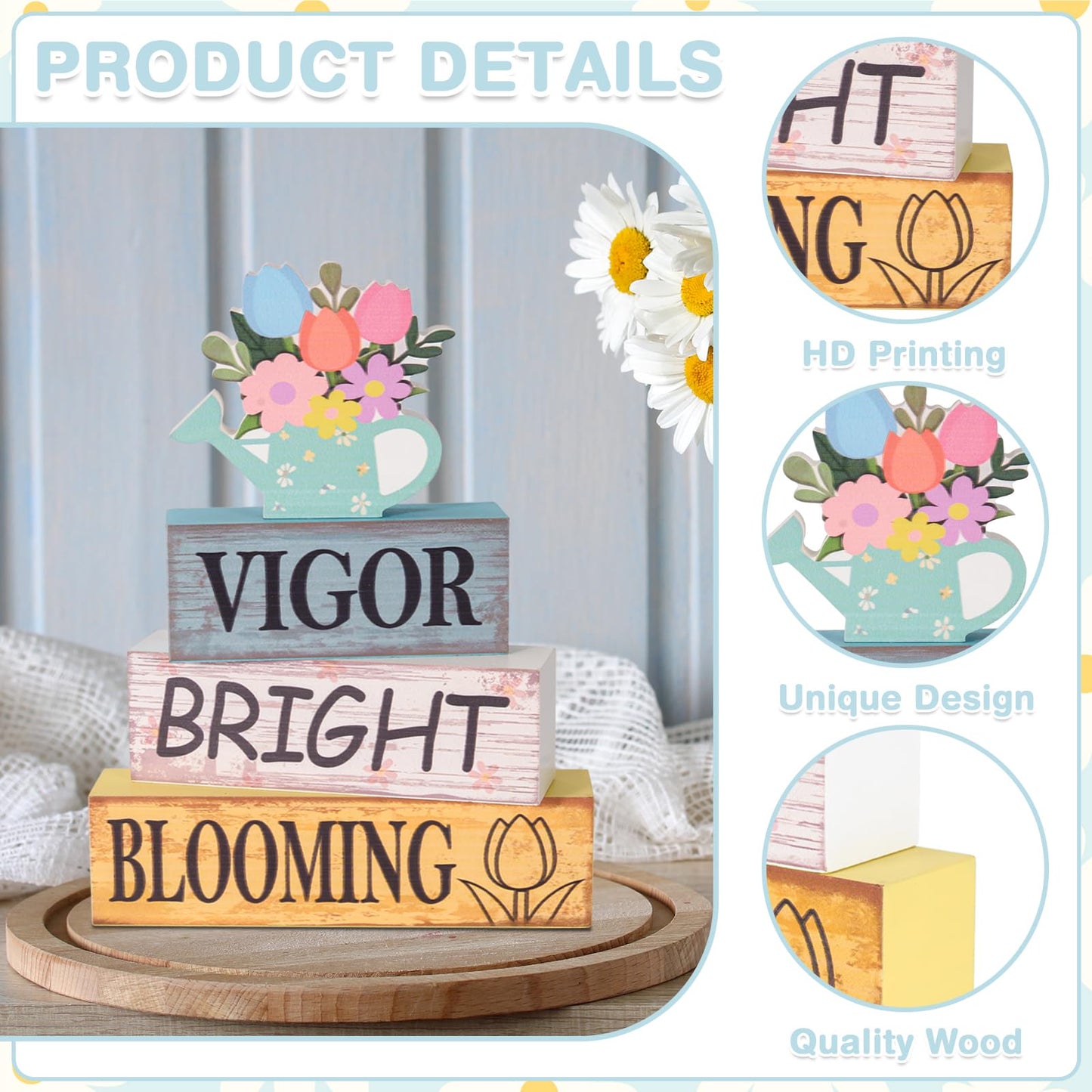 Summer Tiered Tray Decor Wooden Flower Kettle Block Signs Spring Wood Flower Block Summer Tiered Tray Decorations Vigor Bright Blooming Centerpiece Decorations for Kitchen Home Shelf Office Decor
