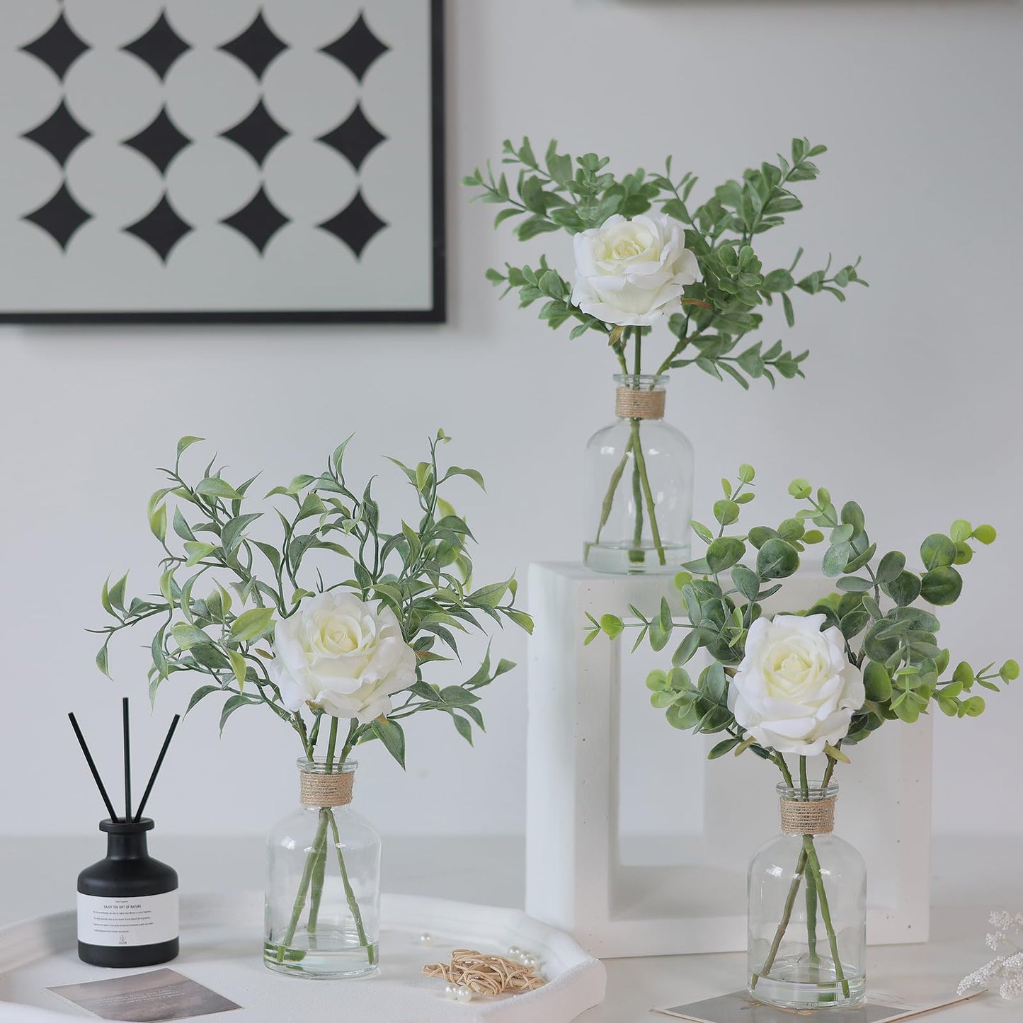 3 Pack Mini Fake Plants and Artificial Flowers with Faux Water in Vase,Silk Roses and Eucalyptus with Fake Water in Glass Vase for Centerpiece Table Decorations Kitchens Office Home decor (White)