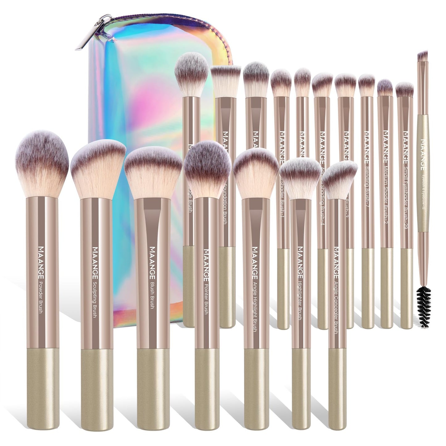 MAANGE 18 Pcs Makeup Brushes with Laser Bag, Premium Synthetic Makeup Brush Set Professional Makeup Tools Eyeshadow Eyebrow Foundation Blush Concealer Face Powder Blending Brushes Kit-Champange Gold