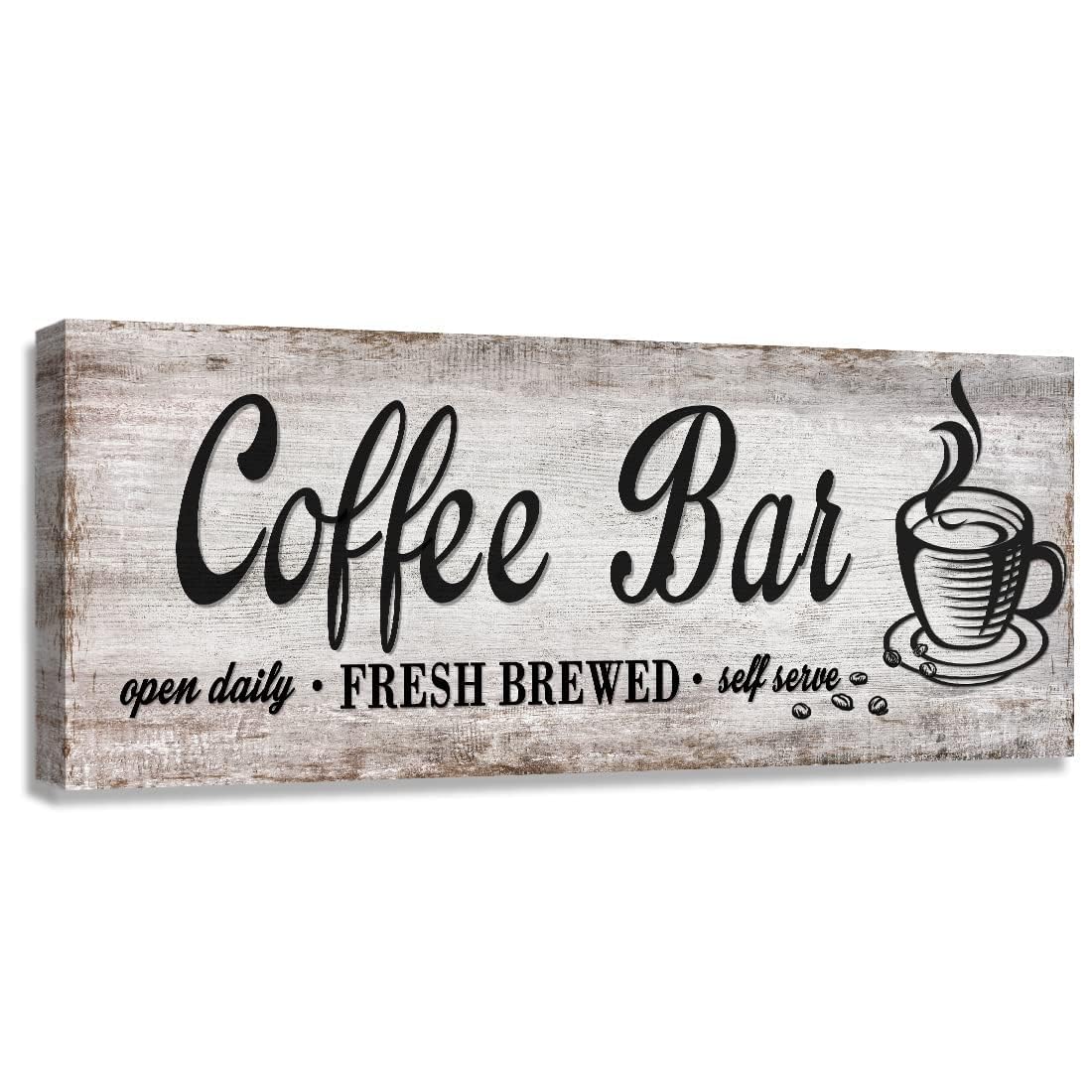 Rustic Wood Grain Coffee Station Decor - Retro Coffee Bar Signs for Kitchen - Self Serve Fresh Brewed Open Daily