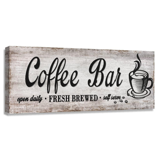 Rustic Wood Grain Coffee Station Decor - Retro Coffee Bar Signs for Kitchen - Self Serve Fresh Brewed Open Daily