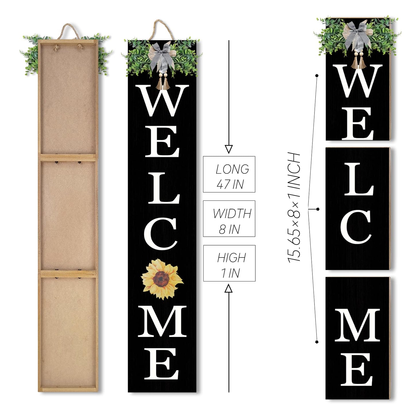 Interchangeable Welcome Sign for Front Porch Standing 47"X8" Outdoor Large Wood Frame with 12 Pcs Designed Icons Leaner Vertical Tall Outside Welcome Sign for Front Door Decor (Black)