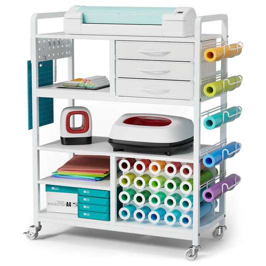 Homsorout Large Craft Organizers and Storage - Rolling Organization Cart with Drawers and Vinyl Roll Holder, Craft Cabinet Table Compatible for Cricut Craft Cutting Machine Stand Workstation