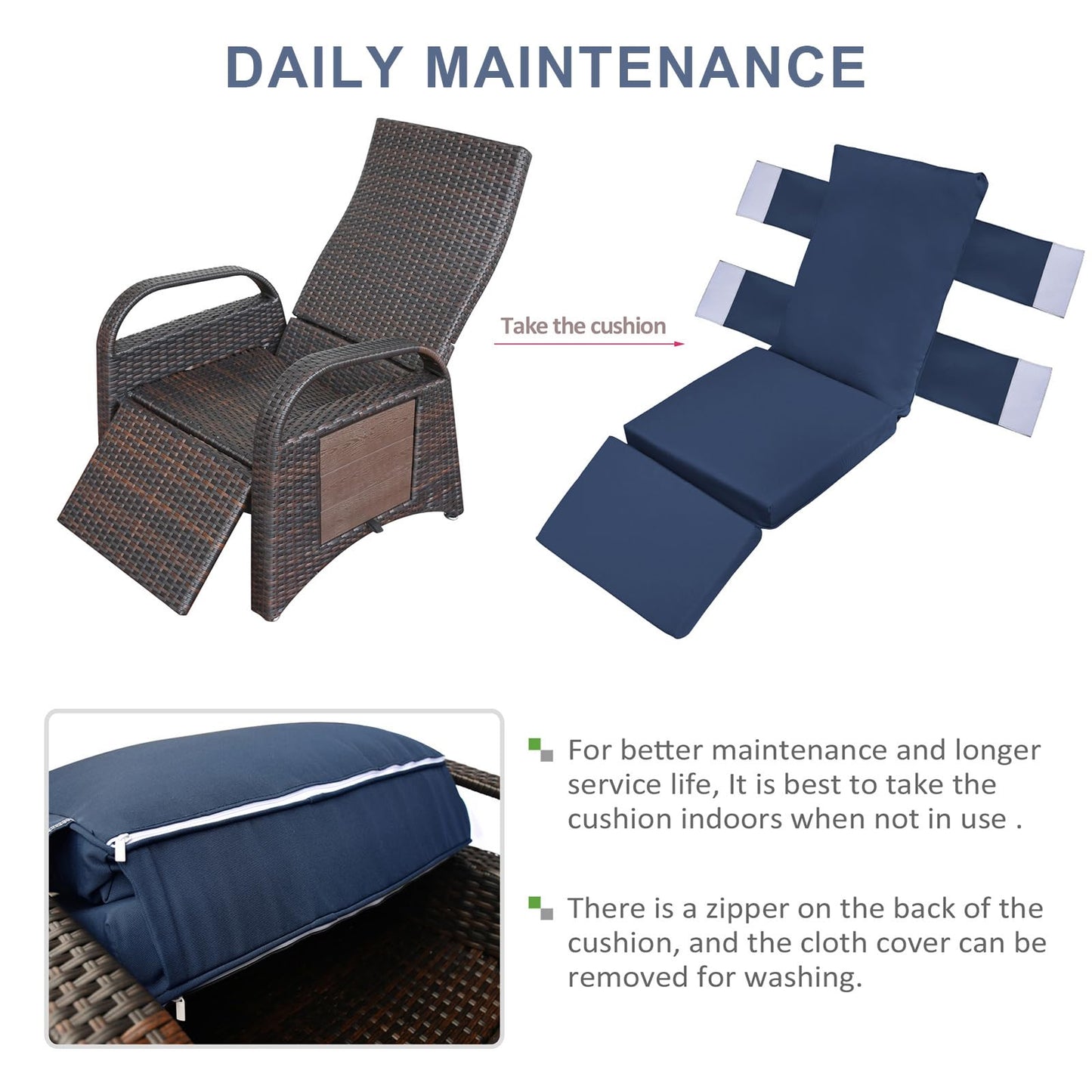 Skypatio Outdoor Wicker Recliner Chair with Side Table, Adjustable Backrest Footrest Patio Recliner Lounge Chair, All-Weather Resin Wicker Reclining Patio Chairs, Navy Blue