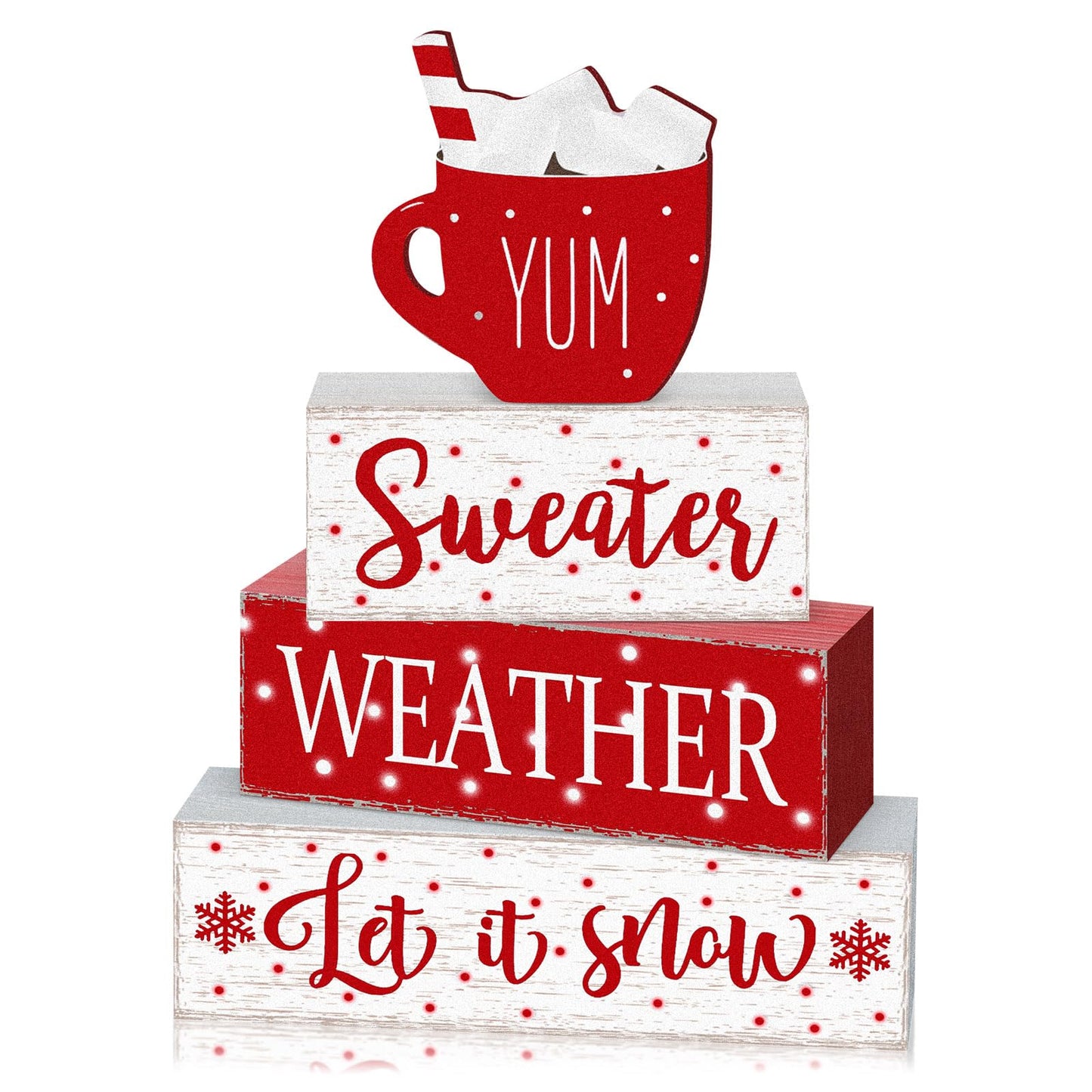 Marsui 4 Pcs Christmas Wooden Tabletop Decor Neutral Christmas Decor Rustic Wooden Hot Cocoa Block Sign Cozy Winter Decorations Gift Farmhouse Xmas Table Centerpiece for Home Office Desk Tiered Tray