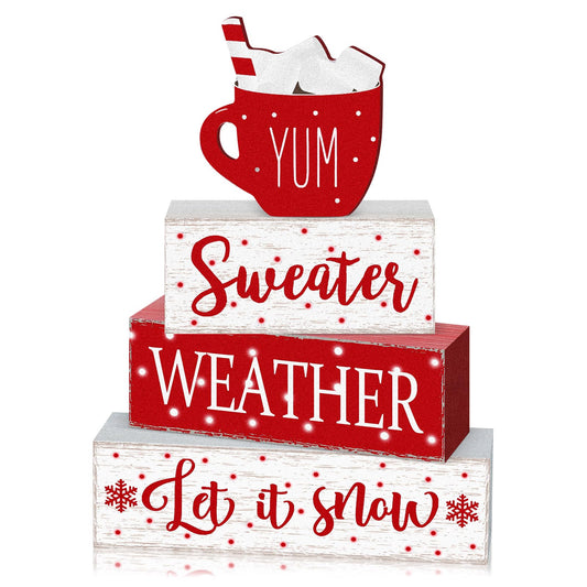 Marsui 4 Pcs Christmas Wooden Tabletop Decor Neutral Christmas Decor Rustic Wooden Hot Cocoa Block Sign Cozy Winter Decorations Gift Farmhouse Xmas Table Centerpiece for Home Office Desk Tiered Tray